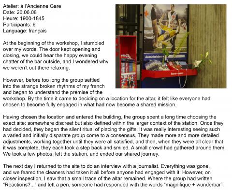 Altars of us all - workshop 2 - altar location: Fribourg train station